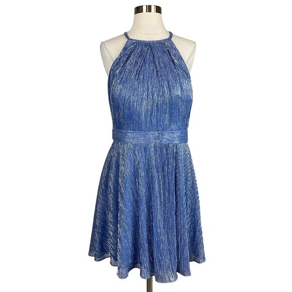Betsy & Adam Metallic Halter Fit and Flare Mini Cocktail Dress Blue Size 12 - Picture 1 of 13